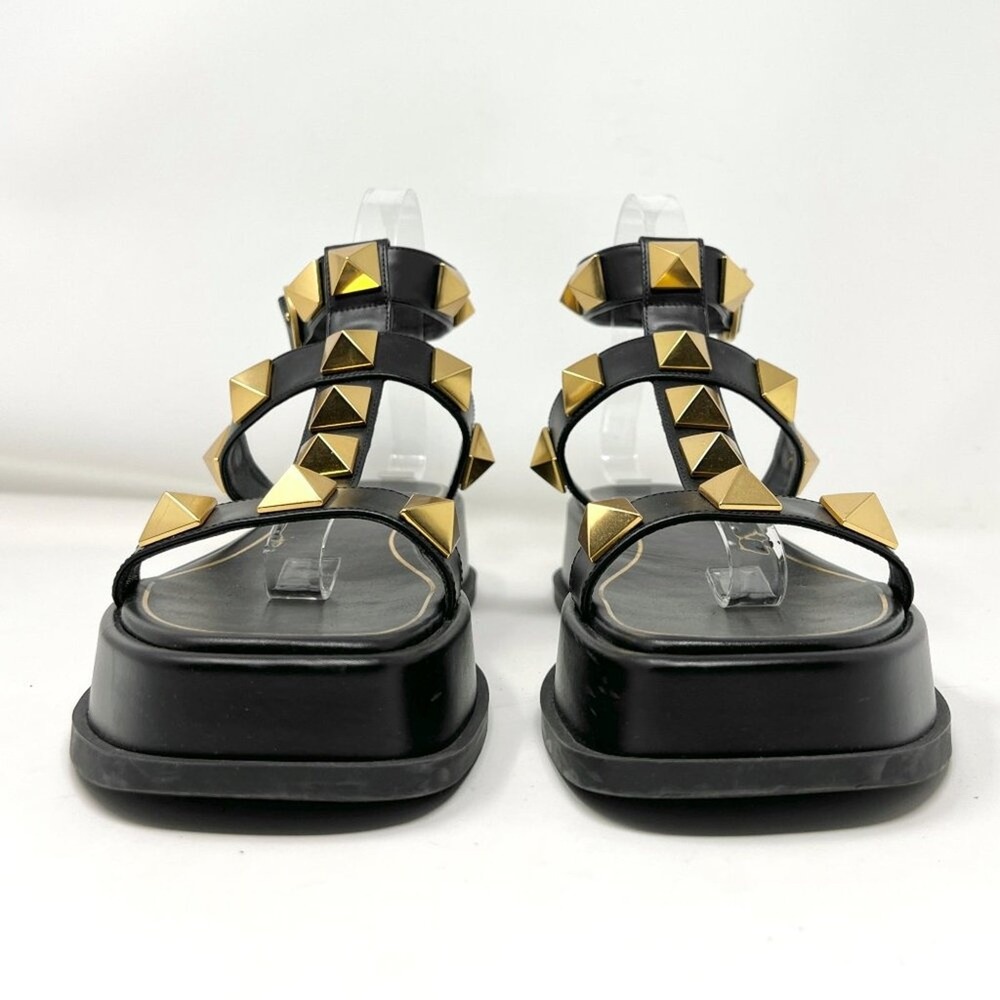 Valentino Roman Stud Platform Sandals Black Gold 38 - Picture 3 of 9